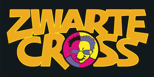 tekstlogo Zwarte Cross, waarin de letter o een roze gele tekening is van tante Rikie