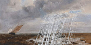 schilderij van stormachtige zee met een zeer plaatselijke regenbui