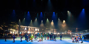 Groepjes schaatsers met op de achtergrond de gezellig verlichte huizen van Dokkum.