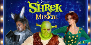 De groene Shrek, vriendelijk lachend, samen met prinses Fiona en Ezel.